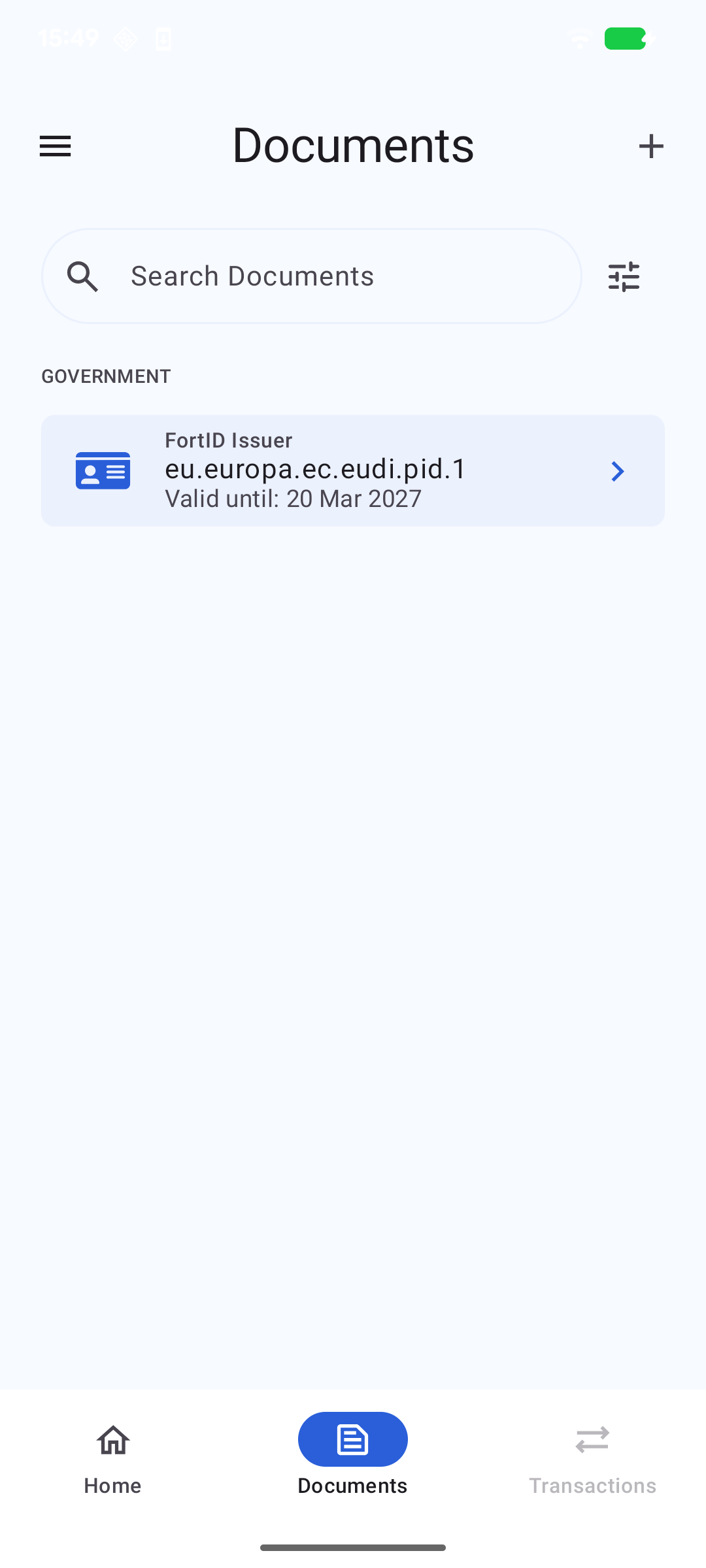 Issued credential visible in the wallet document list