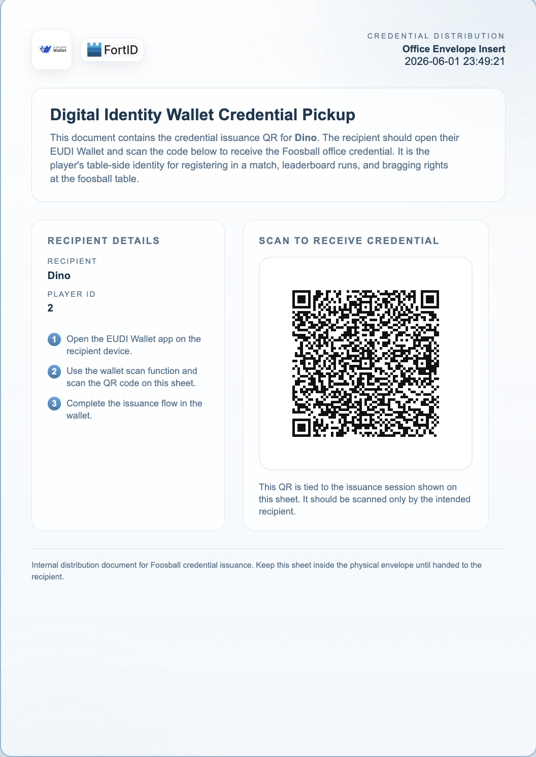 Image depicts a screenshot of a credential
offer for a foosball credential along with instructions on usage.