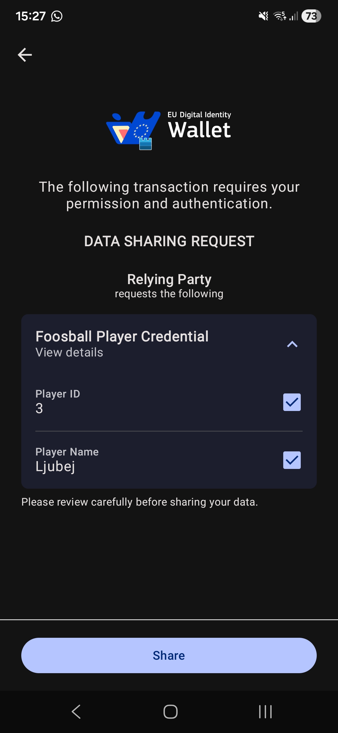 Image depicts a screenshot of the reference
wallet performing a foosball credential presentation.