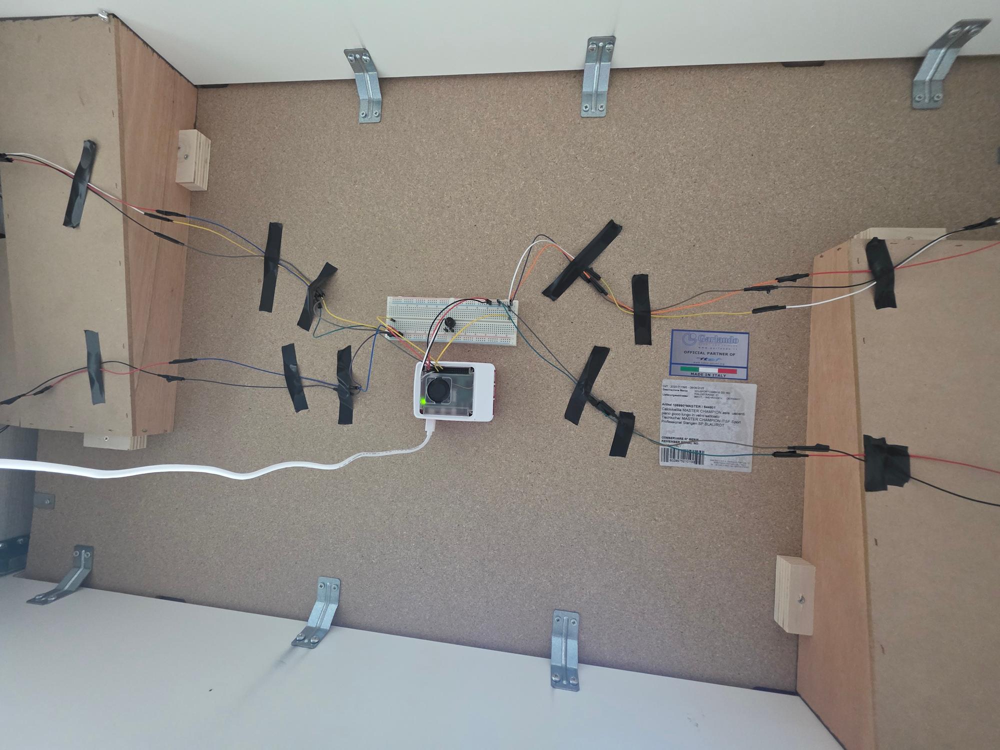 Image depicts Raspberry Pi along with sensors and protoboard
mounted below the foosball table